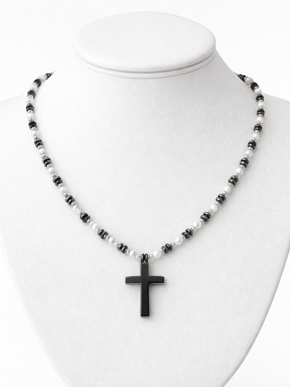 Monochrome Beaded Cross Pendant Necklace